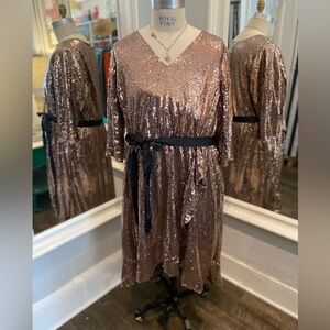 lane bryant rose gold dress Lane Bryant Surplice Pleat-Waist Rose Gold Sequin Long Sleeve Dress